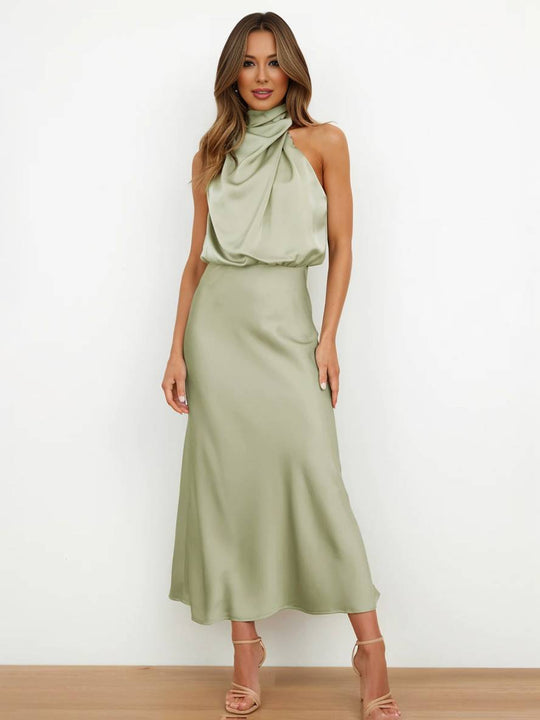 Heidi-Mode | Lange Satin Brautjungfernkleid Unregelmäßiger Rollkragen Halsband Ärmless Elegant Abendkleid für Hochzeit