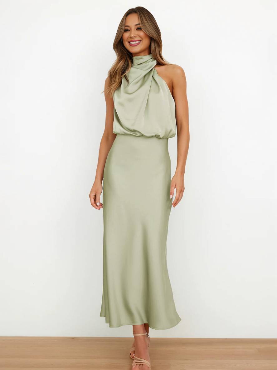 Heidi-Mode | Lange Satin Brautjungfernkleid Unregelmäßiger Rollkragen Halsband Ärmless Elegant Abendkleid für Hochzeit