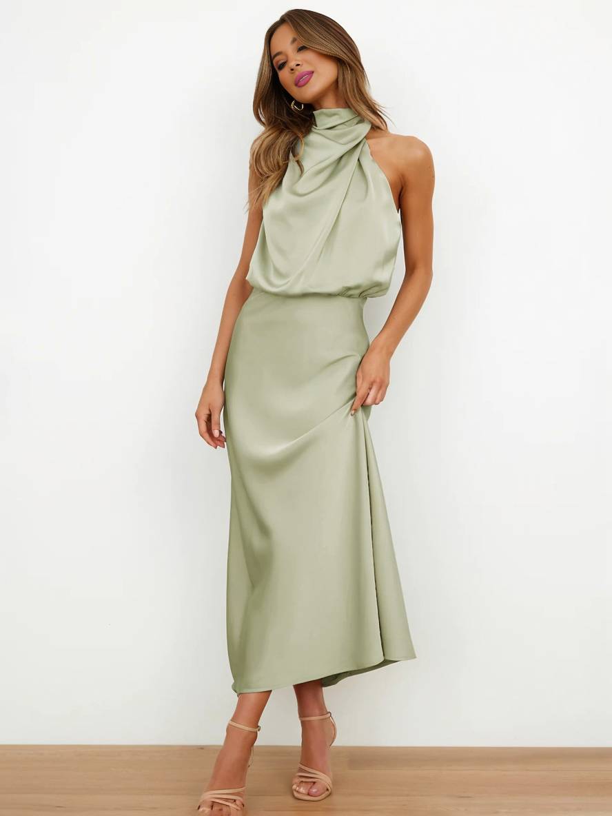 Heidi-Mode | Lange Satin Brautjungfernkleid Unregelmäßiger Rollkragen Halsband Ärmless Elegant Abendkleid für Hochzeit