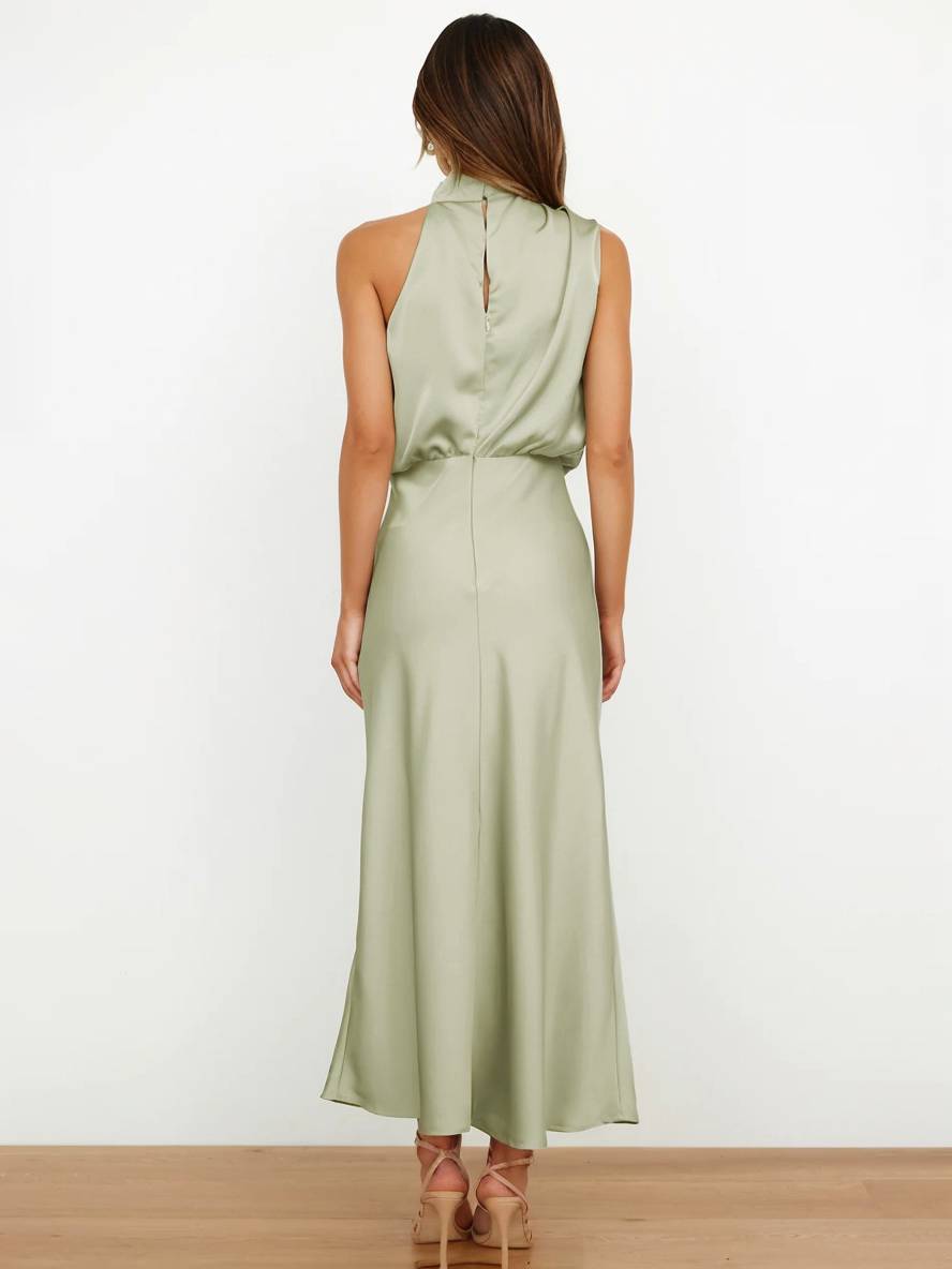 Heidi-Mode | Lange Satin Brautjungfernkleid Unregelmäßiger Rollkragen Halsband Ärmless Elegant Abendkleid für Hochzeit