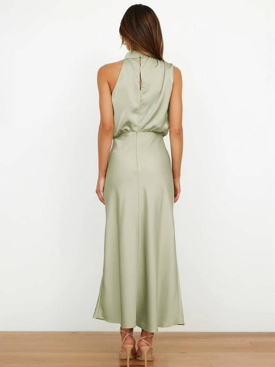 Heidi-Mode | Lange Satin Brautjungfernkleid Unregelmäßiger Rollkragen Halsband Ärmless Elegant Abendkleid für Hochzeit