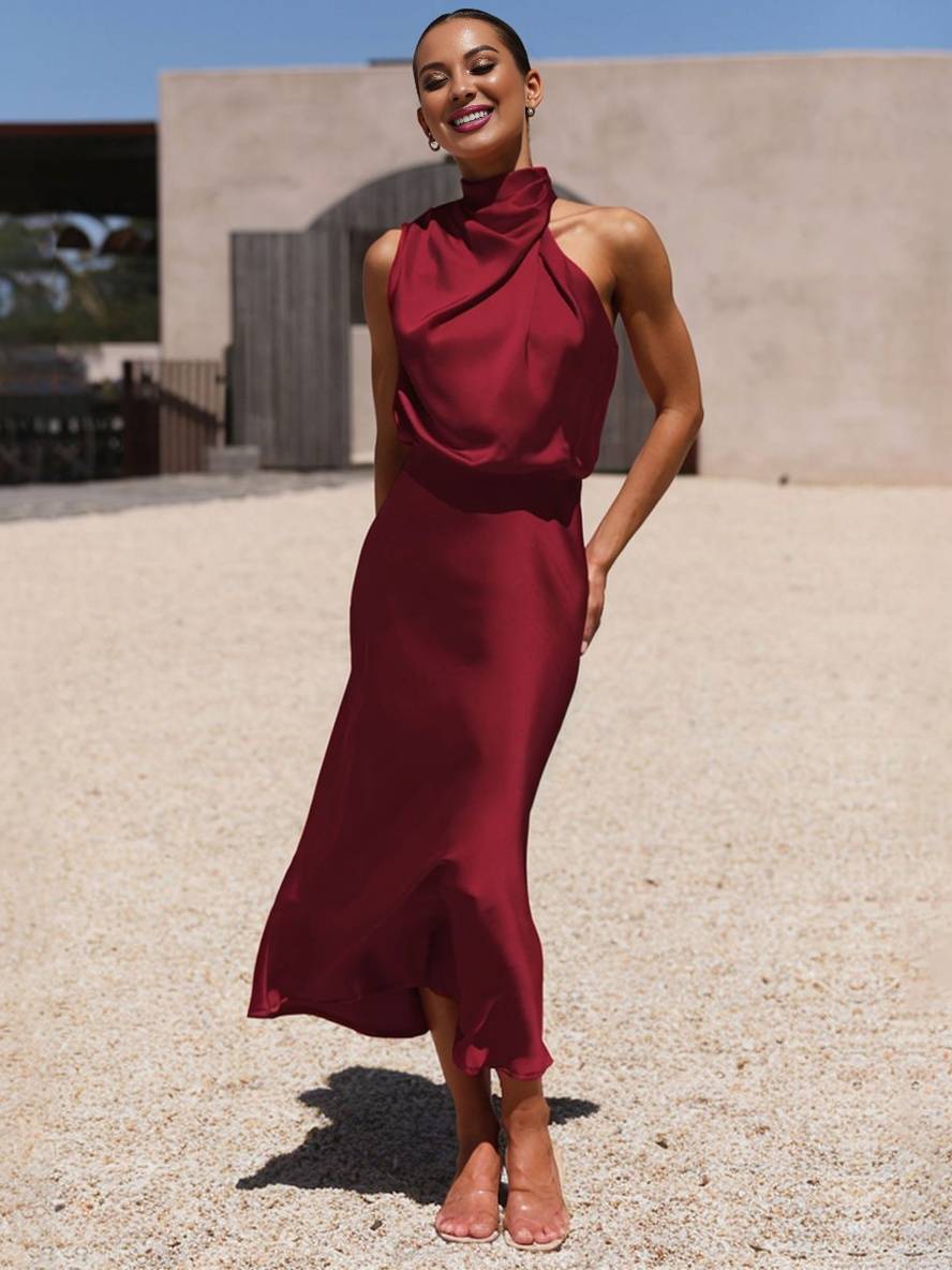 Heidi-Mode | Lange Satin Brautjungfernkleid Unregelmäßiger Rollkragen Halsband Ärmless Elegant Abendkleid für Hochzeit