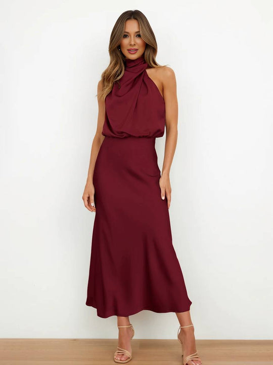 Heidi-Mode | Lange Satin Brautjungfernkleid Unregelmäßiger Rollkragen Halsband Ärmless Elegant Abendkleid für Hochzeit