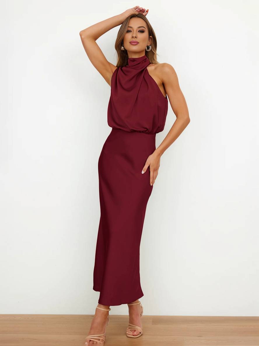 Heidi-Mode | Lange Satin Brautjungfernkleid Unregelmäßiger Rollkragen Halsband Ärmless Elegant Abendkleid für Hochzeit