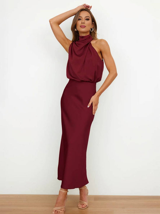 Heidi-Mode | Lange Satin Brautjungfernkleid Unregelmäßiger Rollkragen Halsband Ärmless Elegant Abendkleid für Hochzeit