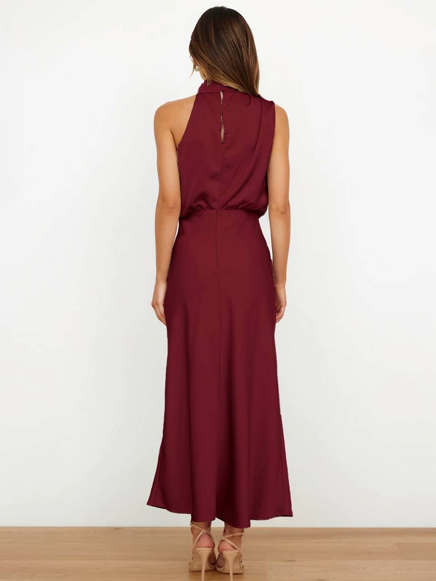 Heidi-Mode | Lange Satin Brautjungfernkleid Unregelmäßiger Rollkragen Halsband Ärmless Elegant Abendkleid für Hochzeit
