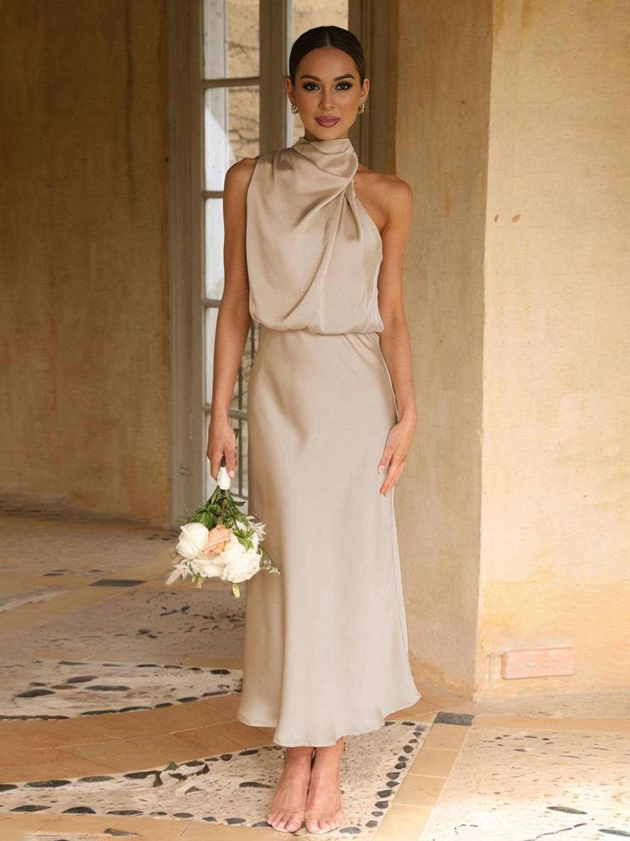 Heidi-Mode | Lange Satin Brautjungfernkleid Unregelmäßiger Rollkragen Halsband Ärmless Elegant Abendkleid für Hochzeit