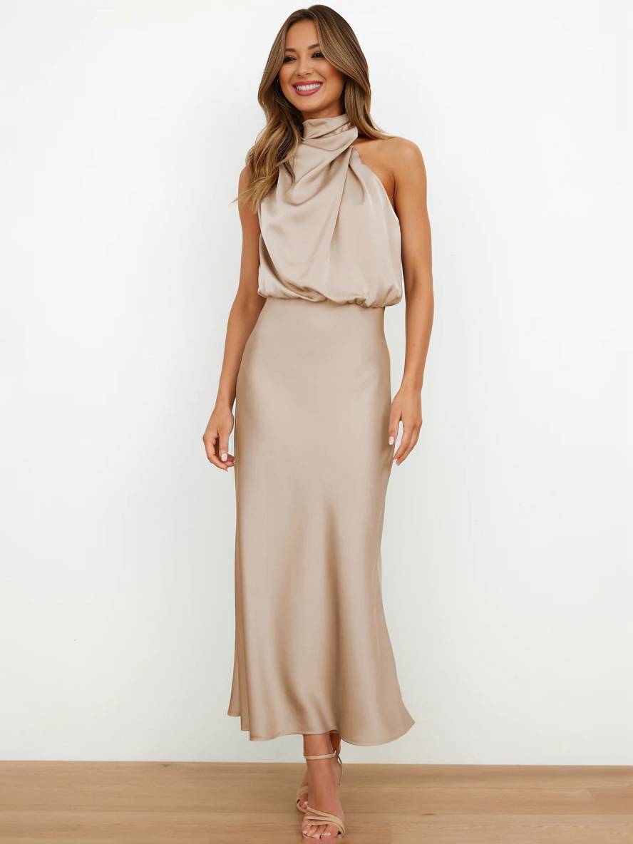Heidi-Mode | Lange Satin Brautjungfernkleid Unregelmäßiger Rollkragen Halsband Ärmless Elegant Abendkleid für Hochzeit