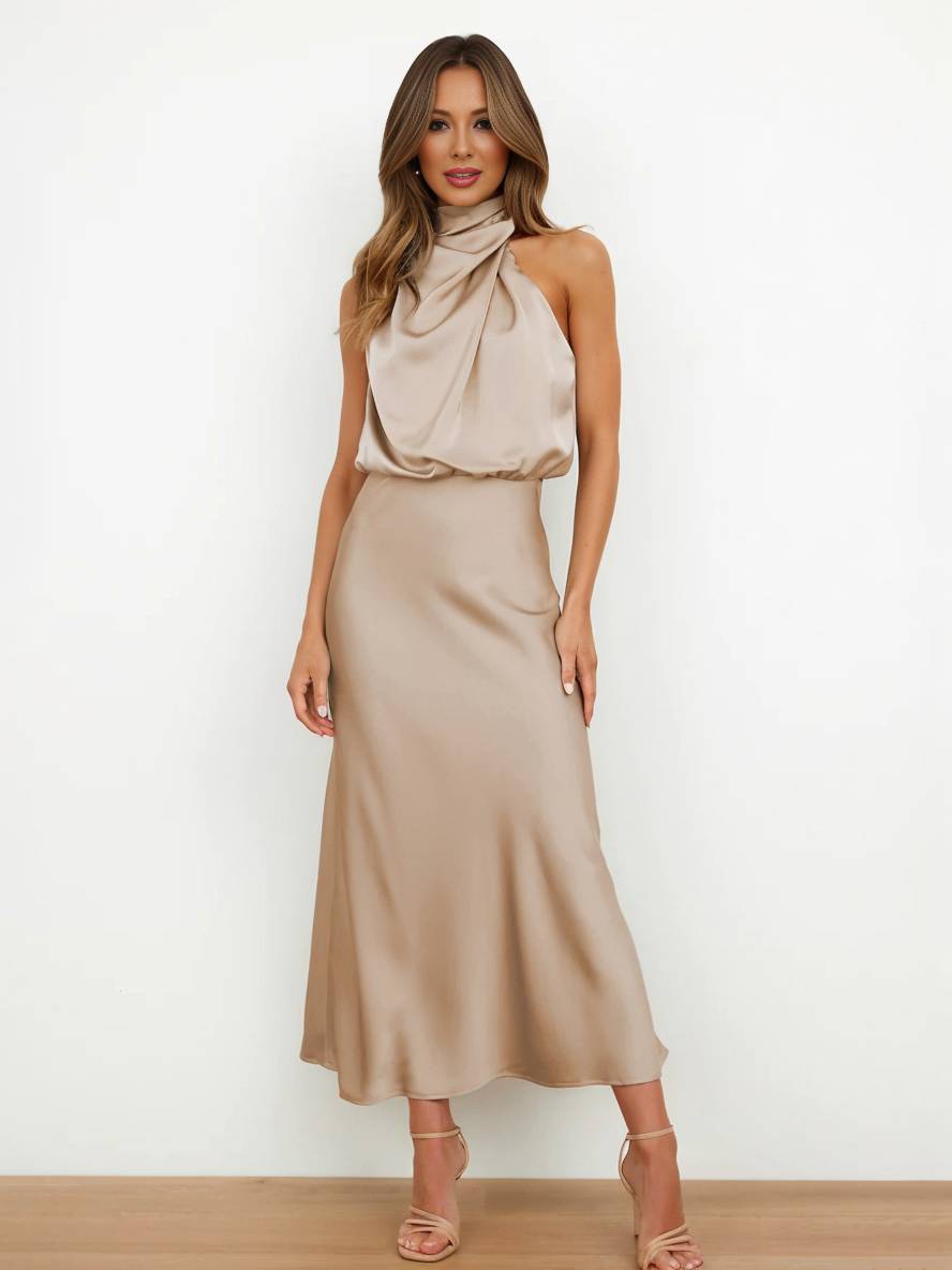 Heidi-Mode | Lange Satin Brautjungfernkleid Unregelmäßiger Rollkragen Halsband Ärmless Elegant Abendkleid für Hochzeit