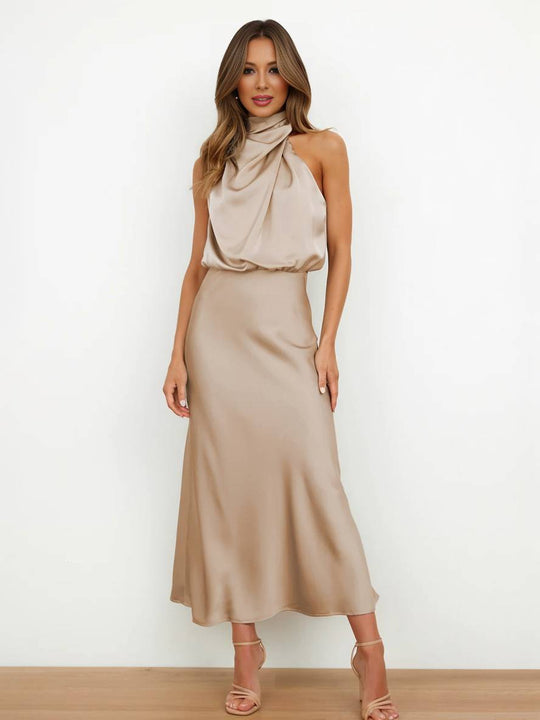 Heidi-Mode | Lange Satin Brautjungfernkleid Unregelmäßiger Rollkragen Halsband Ärmless Elegant Abendkleid für Hochzeit