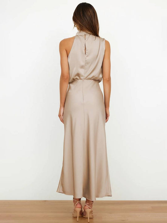 Heidi-Mode | Lange Satin Brautjungfernkleid Unregelmäßiger Rollkragen Halsband Ärmless Elegant Abendkleid für Hochzeit