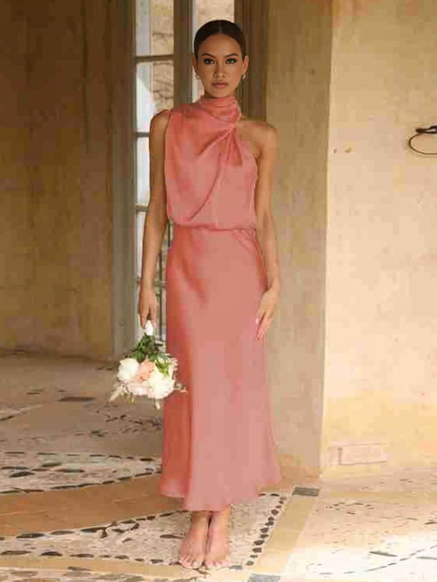 Heidi-Mode | Lange Satin Brautjungfernkleid Unregelmäßiger Rollkragen Halsband Ärmless Elegant Abendkleid für Hochzeit