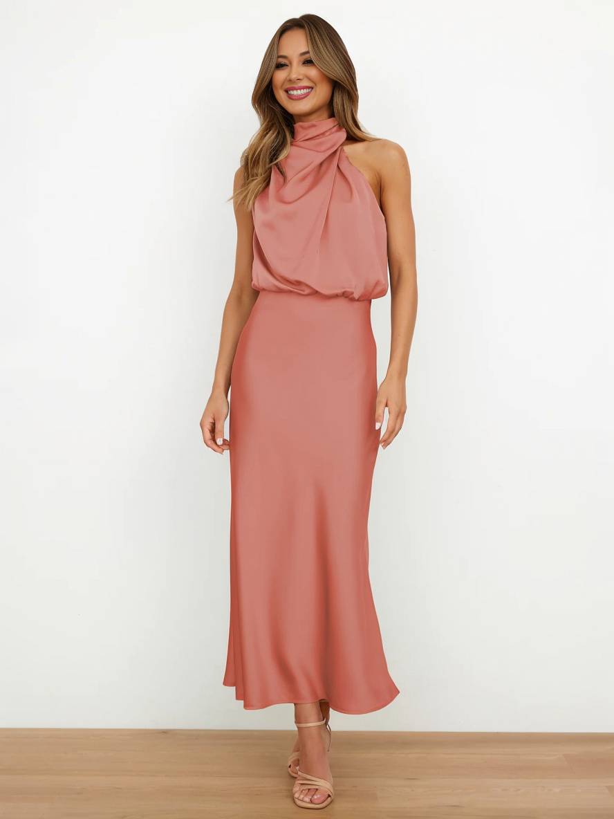 Heidi-Mode | Lange Satin Brautjungfernkleid Unregelmäßiger Rollkragen Halsband Ärmless Elegant Abendkleid für Hochzeit