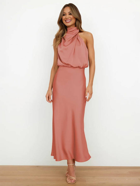 Heidi-Mode | Lange Satin Brautjungfernkleid Unregelmäßiger Rollkragen Halsband Ärmless Elegant Abendkleid für Hochzeit