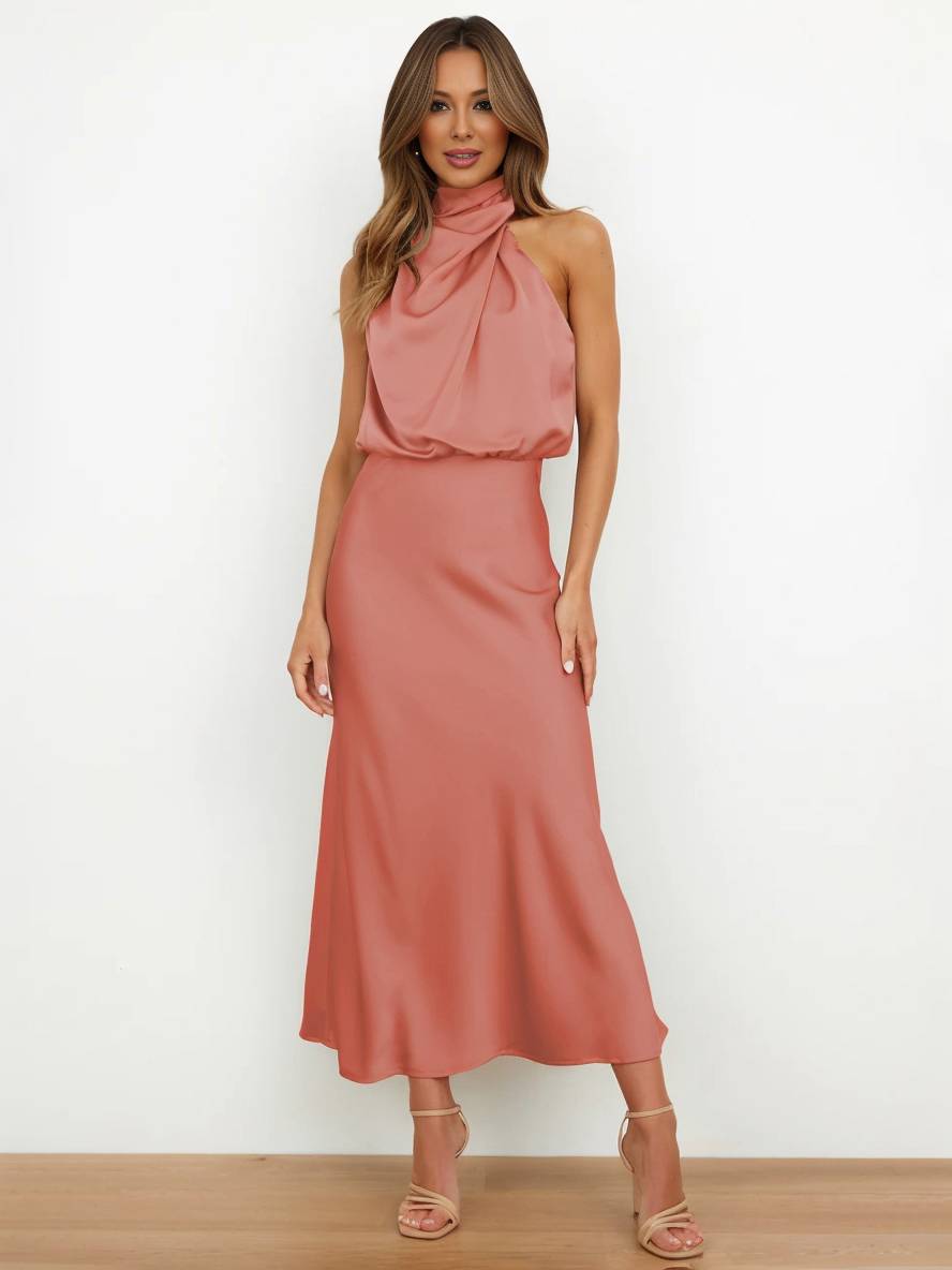 Heidi-Mode | Lange Satin Brautjungfernkleid Unregelmäßiger Rollkragen Halsband Ärmless Elegant Abendkleid für Hochzeit