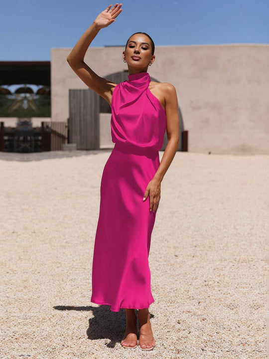 Heidi-Mode | Lange Satin Brautjungfernkleid Unregelmäßiger Rollkragen Halsband Ärmless Elegant Abendkleid für Hochzeit