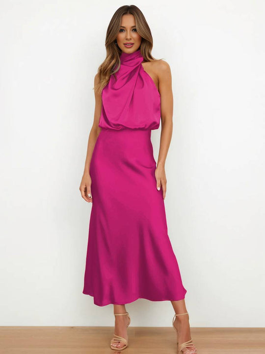 Heidi-Mode | Lange Satin Brautjungfernkleid Unregelmäßiger Rollkragen Halsband Ärmless Elegant Abendkleid für Hochzeit