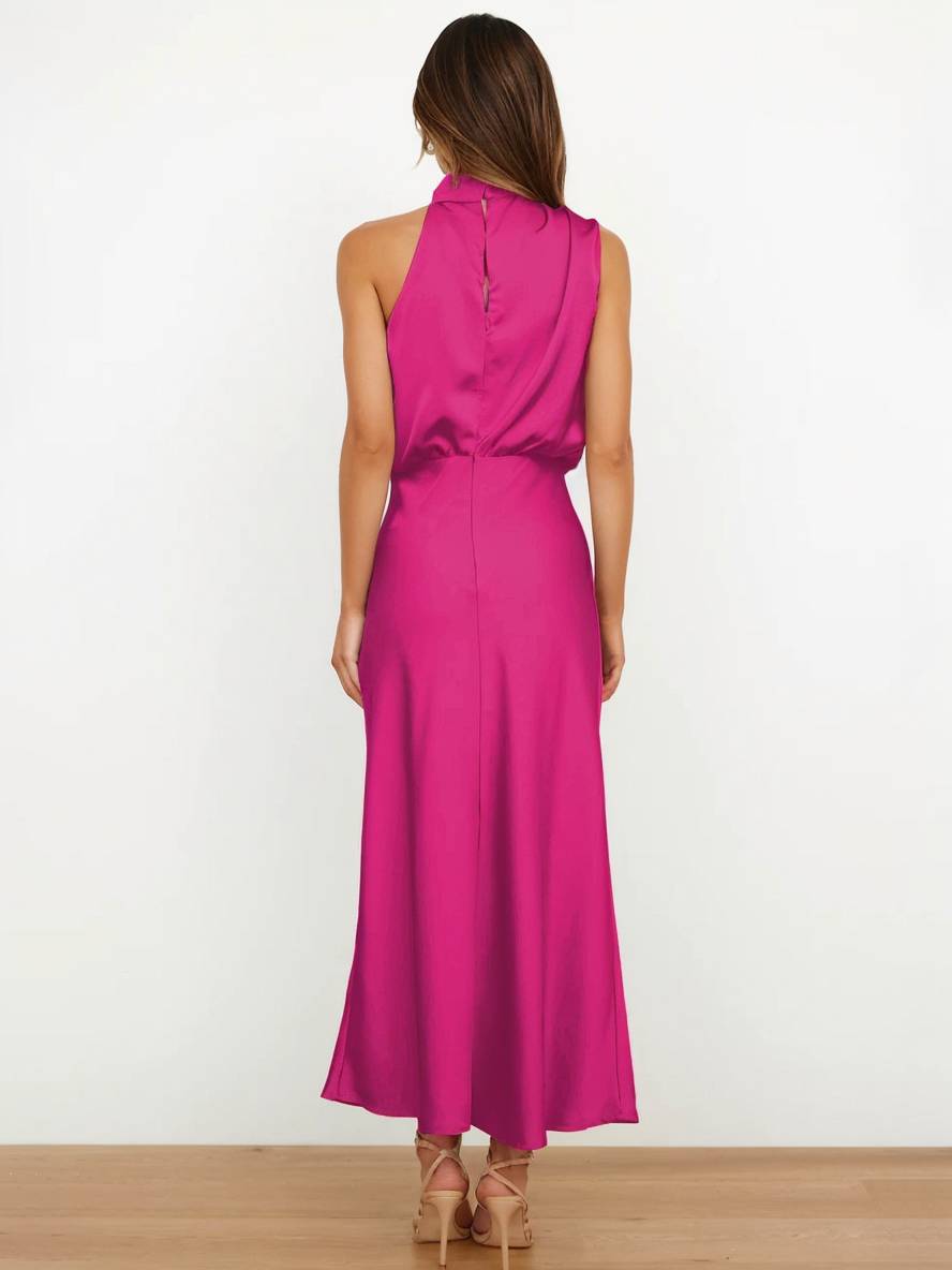 Heidi-Mode | Lange Satin Brautjungfernkleid Unregelmäßiger Rollkragen Halsband Ärmless Elegant Abendkleid für Hochzeit