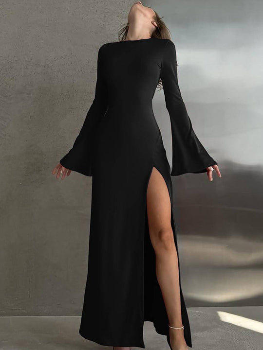 Heidi-Mode | Langes Schlichtes Kleid mit Schlitz An Der Seite Runder Ausschnitt Trompetenärmel Lange Ärmel Damen Elegant Abschlussball