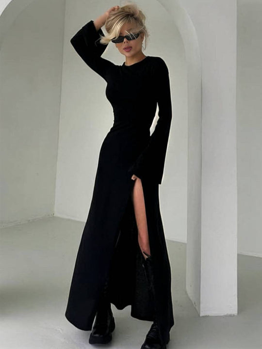 Heidi-Mode | Langes Schlichtes Kleid mit Schlitz An Der Seite Runder Ausschnitt Trompetenärmel Lange Ärmel Damen Elegant Abschlussball