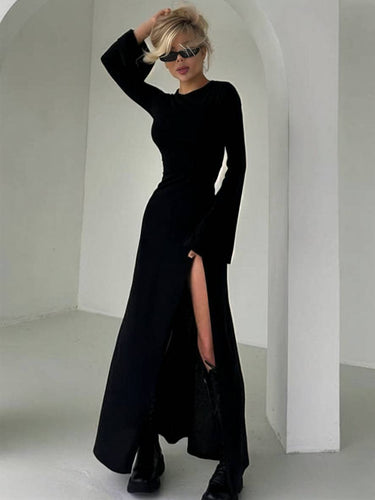 Heidi-Mode | Langes Schlichtes Kleid mit Schlitz An Der Seite Runder Ausschnitt Trompetenärmel Lange Ärmel Damen Elegant Abschlussball