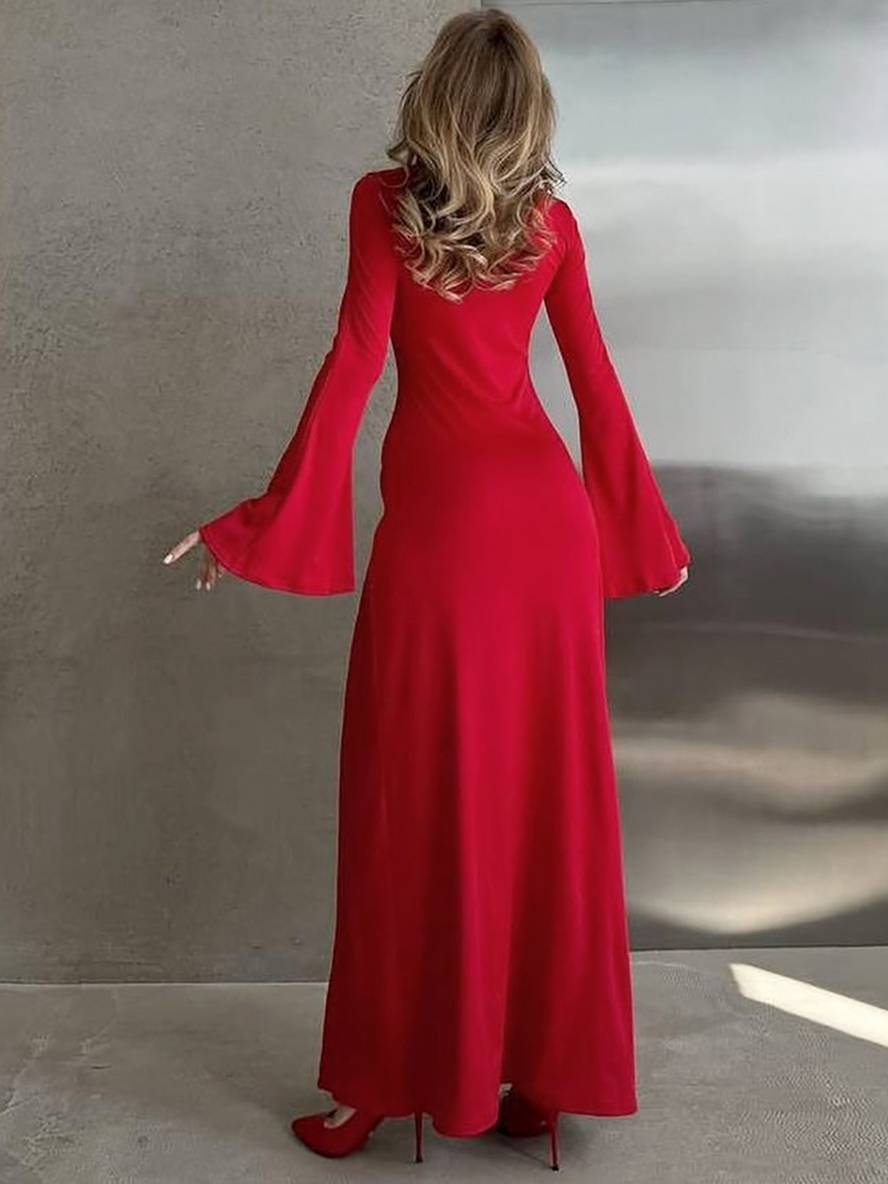 Heidi-Mode | Langes Schlichtes Kleid mit Schlitz An Der Seite Runder Ausschnitt Trompetenärmel Lange Ärmel Damen Elegant Abschlussball