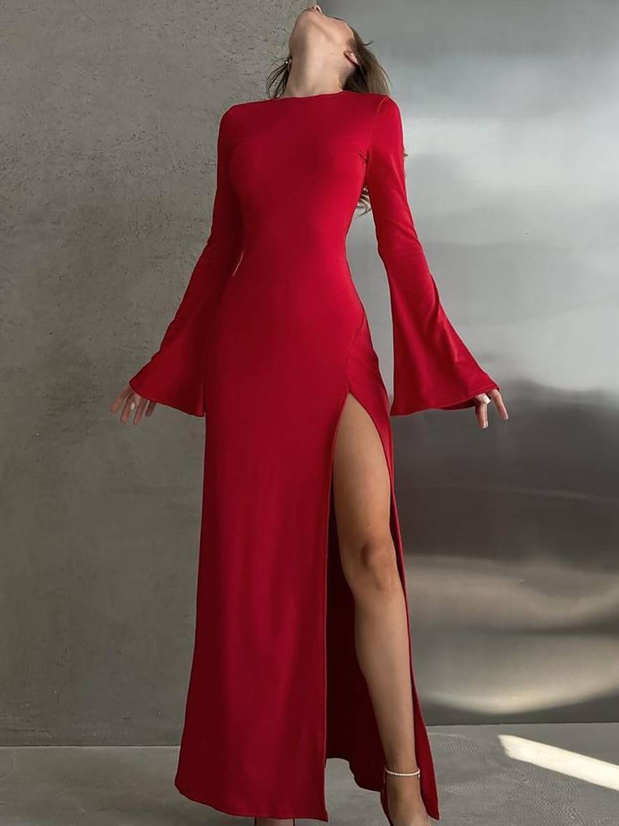 Heidi-Mode | Langes Schlichtes Kleid mit Schlitz An Der Seite Runder Ausschnitt Trompetenärmel Lange Ärmel Damen Elegant Abschlussball