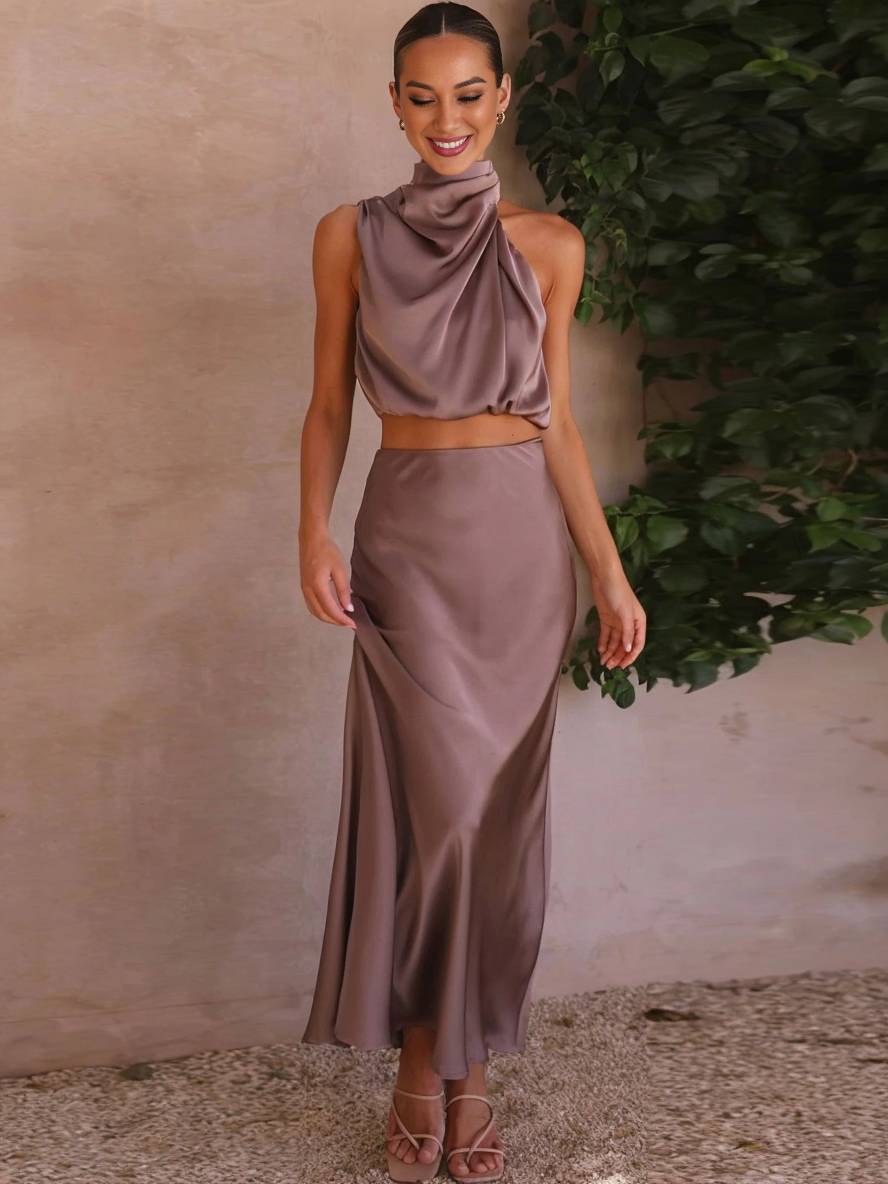 Heidi-Mode | Kleid Gäste Hochzeit Damen Halter Ärmellos Damen Elegante Abend Zweiteilige Brautjungfernkleid