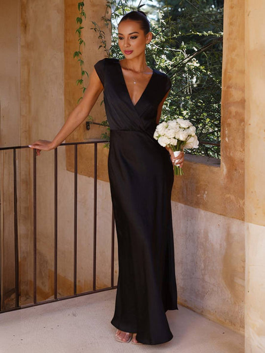 Heidi-Mode | Satin Kleid Trauzeugin Passform Meerjungfrau V-Ausschnitt Cap Ärmel Elegantes Abendkleid für Hochzeit