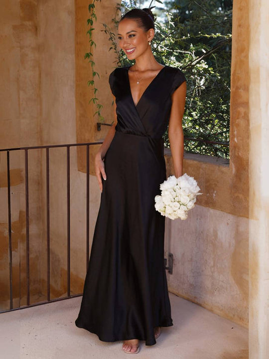 Heidi-Mode | Satin Kleid Trauzeugin Passform Meerjungfrau V-Ausschnitt Cap Ärmel Elegantes Abendkleid für Hochzeit