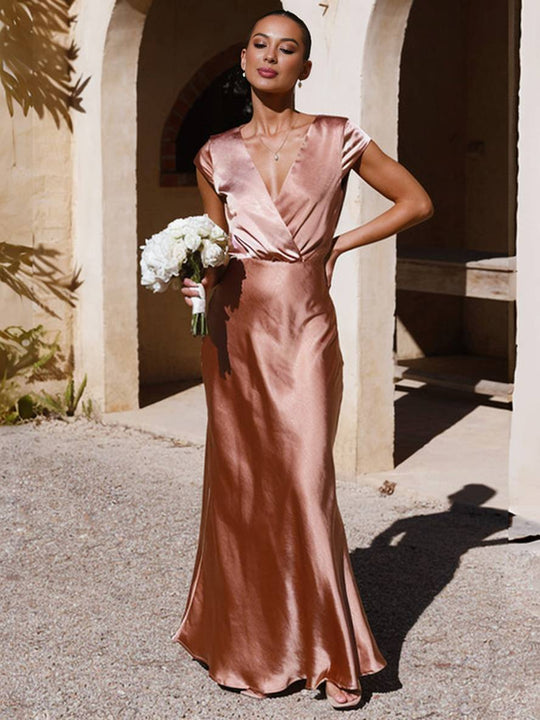 Heidi-Mode | Satin Kleid Trauzeugin Passform Meerjungfrau V-Ausschnitt Cap Ärmel Elegantes Abendkleid für Hochzeit