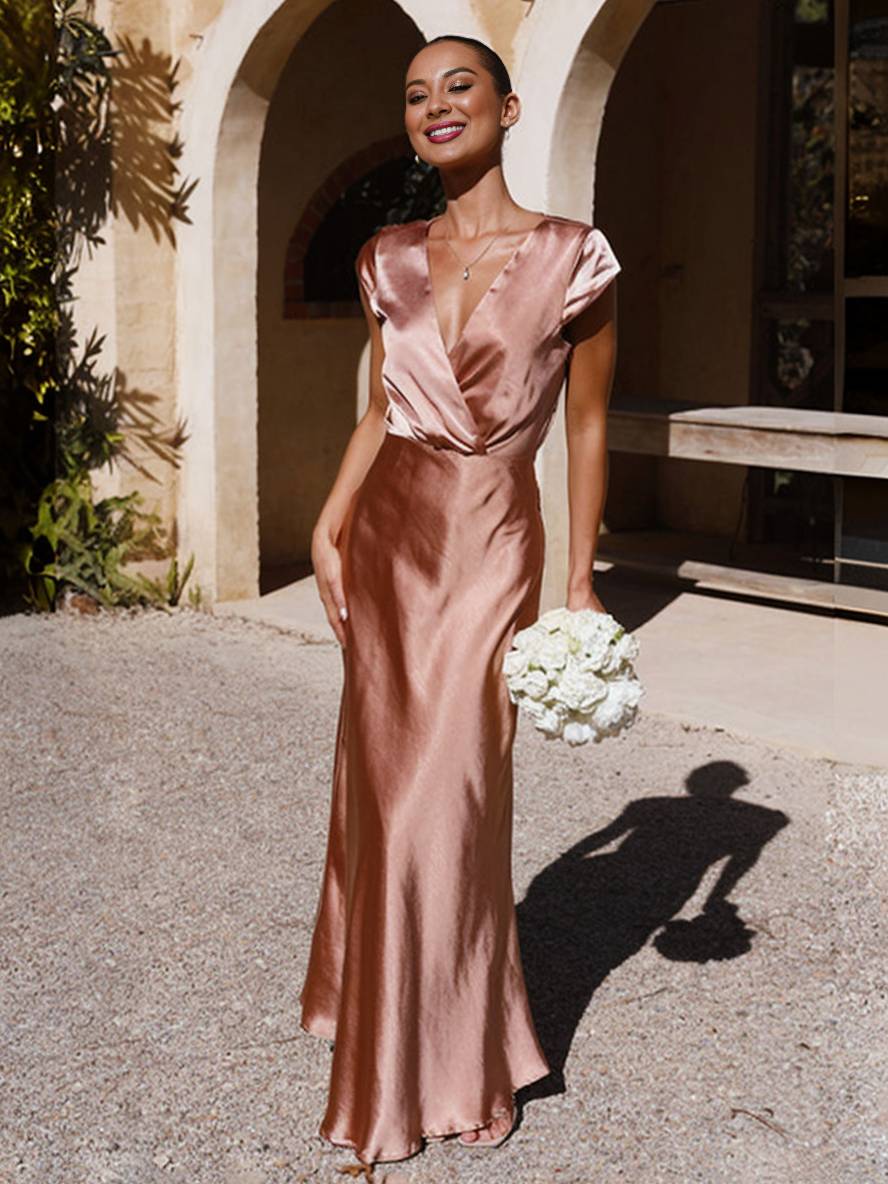 Heidi-Mode | Satin Kleid Trauzeugin Passform Meerjungfrau V-Ausschnitt Cap Ärmel Elegantes Abendkleid für Hochzeit