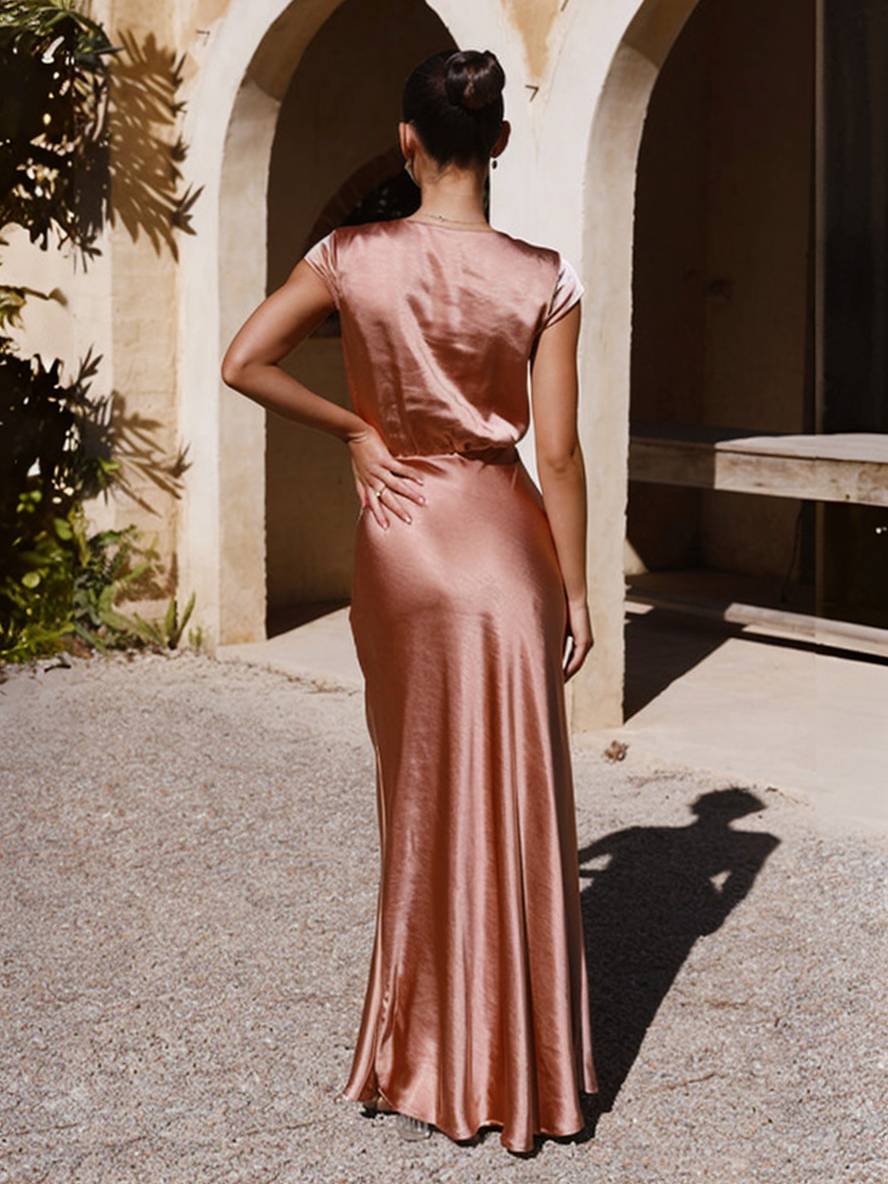 Heidi-Mode | Satin Kleid Trauzeugin Passform Meerjungfrau V-Ausschnitt Cap Ärmel Elegantes Abendkleid für Hochzeit