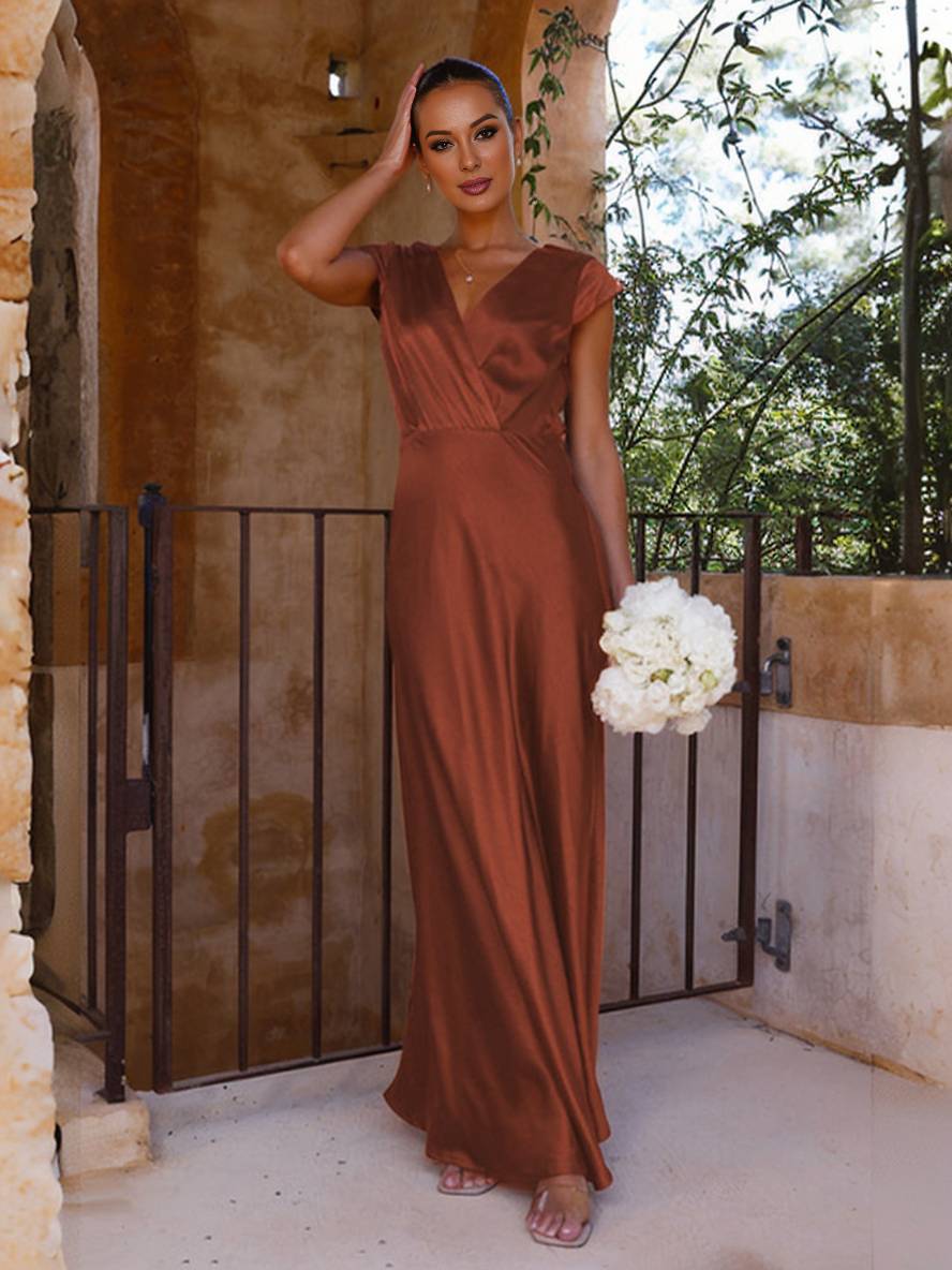 Heidi-Mode | Satin Kleid Trauzeugin Passform Meerjungfrau V-Ausschnitt Cap Ärmel Elegantes Abendkleid für Hochzeit