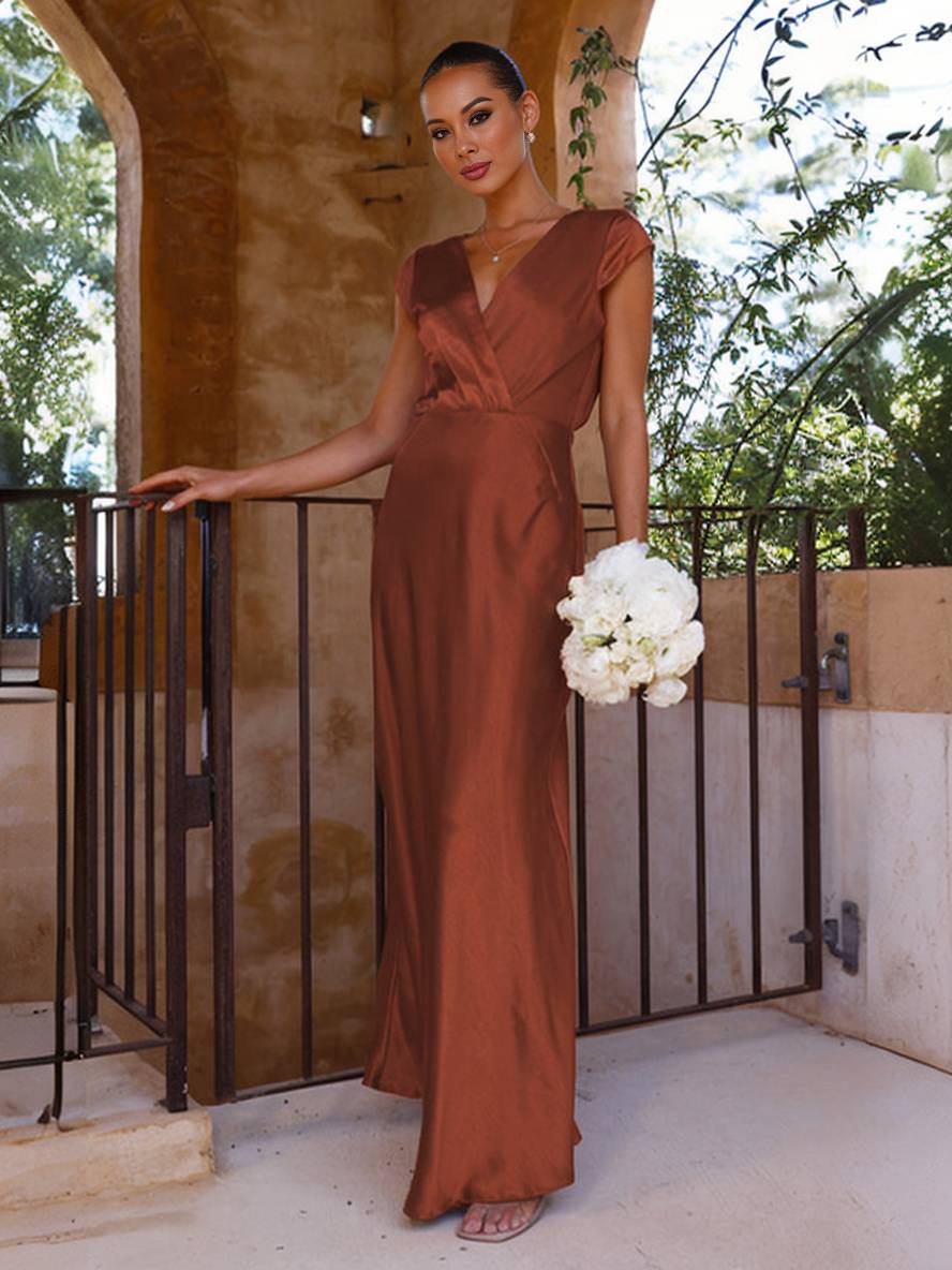 Heidi-Mode | Satin Kleid Trauzeugin Passform Meerjungfrau V-Ausschnitt Cap Ärmel Elegantes Abendkleid für Hochzeit