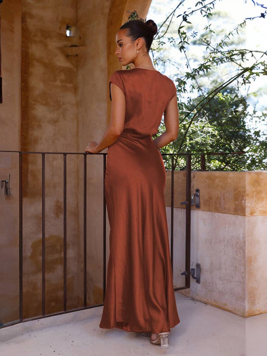 Heidi-Mode | Satin Kleid Trauzeugin Passform Meerjungfrau V-Ausschnitt Cap Ärmel Elegantes Abendkleid für Hochzeit