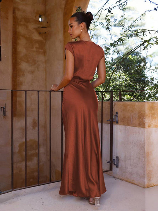 Heidi-Mode | Satin Kleid Trauzeugin Passform Meerjungfrau V-Ausschnitt Cap Ärmel Elegantes Abendkleid für Hochzeit