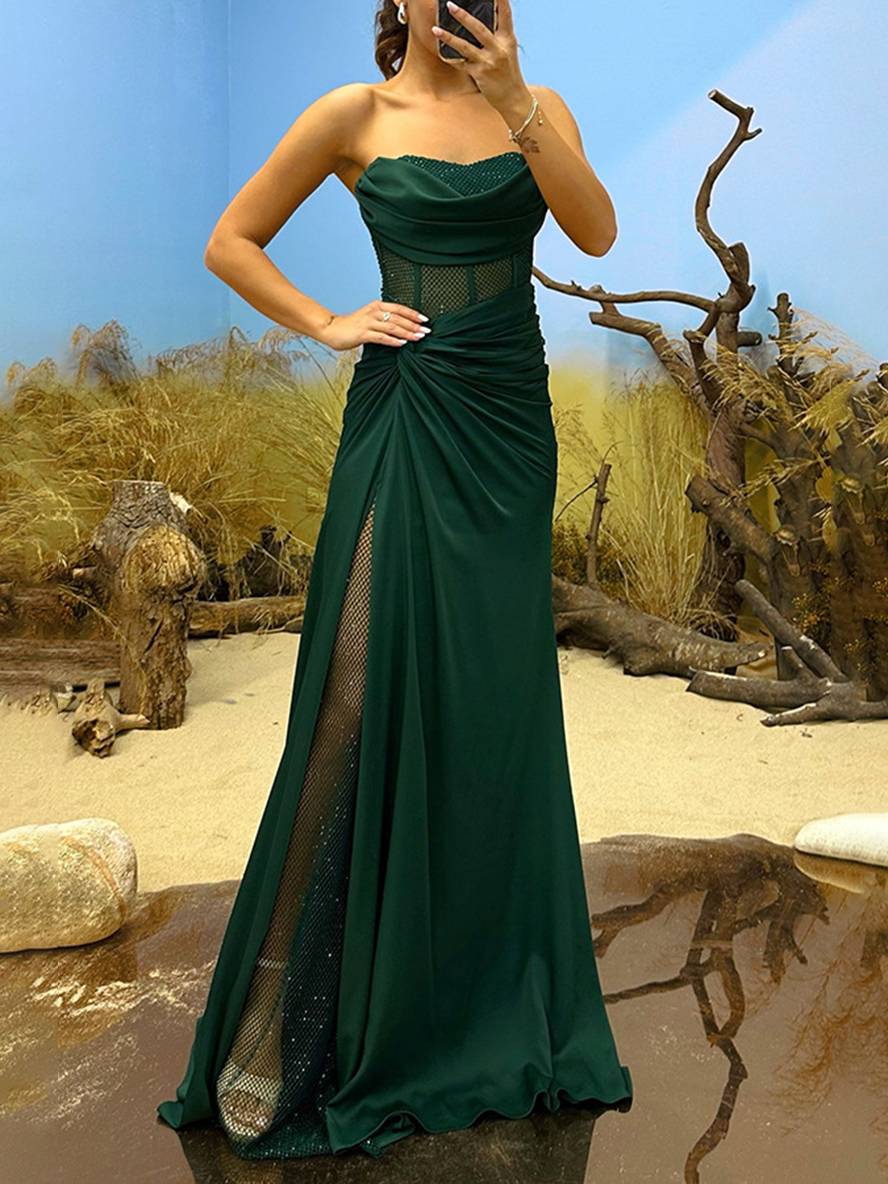 Heidi-Mode | Langeng Anliegendes Schulterfreies Kleid mit Schlitz An Der Seite Tüll Elegantes Abendkleid für Hochzeit