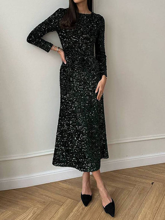 Heidi-Mode | Langes Enges Kleid Samt Glänzend Pailletten Rundhals Lange Ärmel Damen Elegante Abend Cocktail Kleid