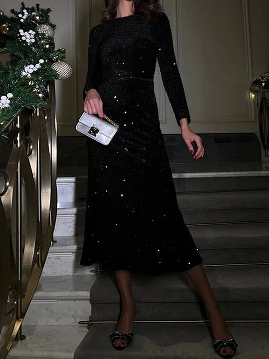 Heidi-Mode | Langes Enges Kleid Samt Glänzend Pailletten Rundhals Lange Ärmel Damen Elegante Abend Cocktail Kleid