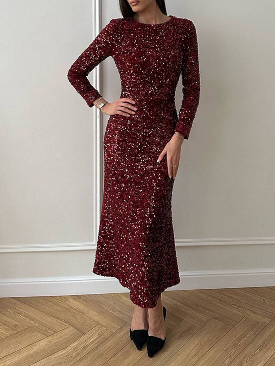 Heidi-Mode | Langes Enges Kleid Samt Glänzend Pailletten Rundhals Lange Ärmel Damen Elegante Abend Cocktail Kleid