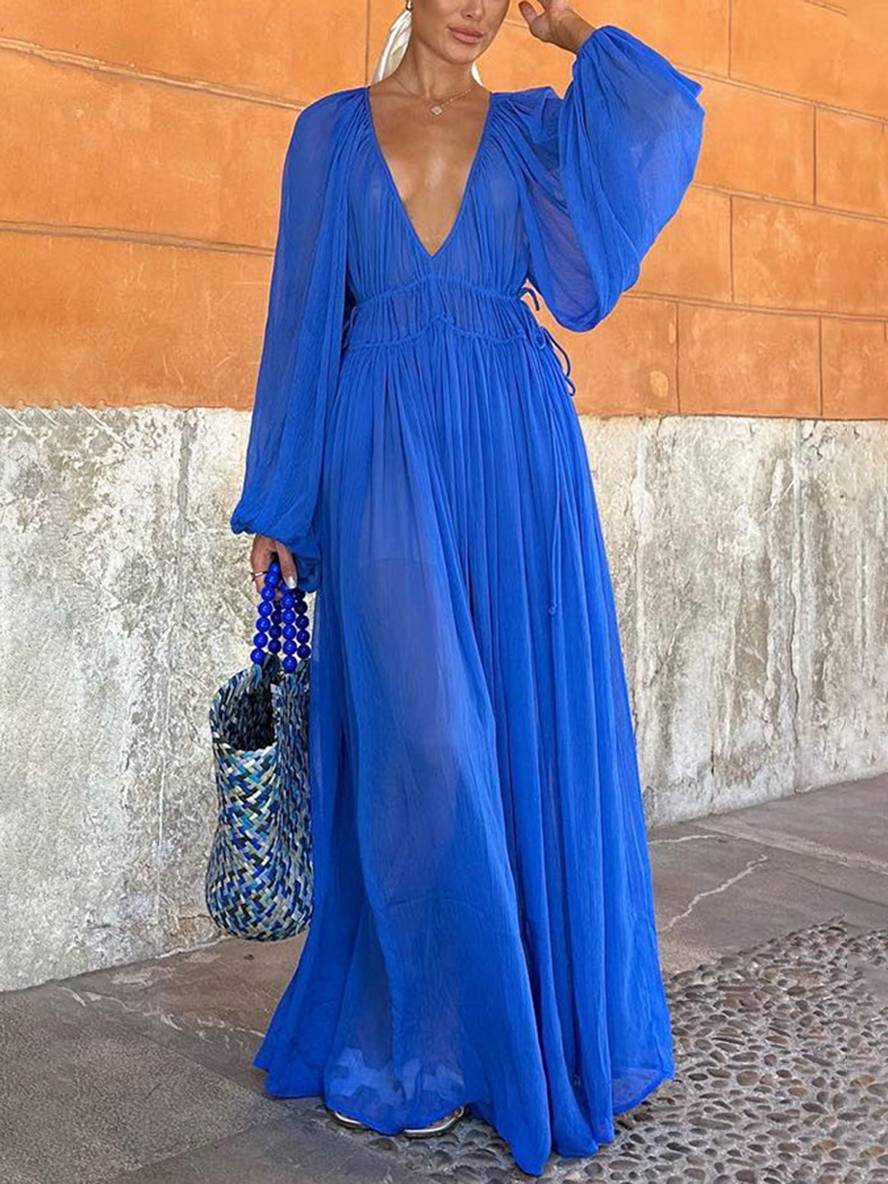 Heidi-Mode | Lange Chiffonkleid mit Tiefem Ausschnitt Langärmelig für Frauen Lässig Weit Strand