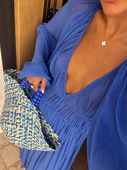Heidi-Mode | Lange Chiffonkleid mit Tiefem Ausschnitt Langärmelig für Frauen Lässig Weit Strand