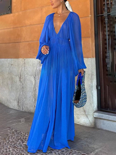 Heidi-Mode | Lange Chiffonkleid mit Tiefem Ausschnitt Langärmelig für Frauen Lässig Weit Strand