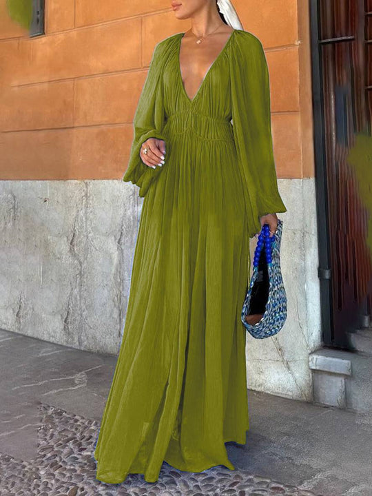Heidi-Mode | Lange Chiffonkleid mit Tiefem Ausschnitt Langärmelig für Frauen Lässig Weit Strand