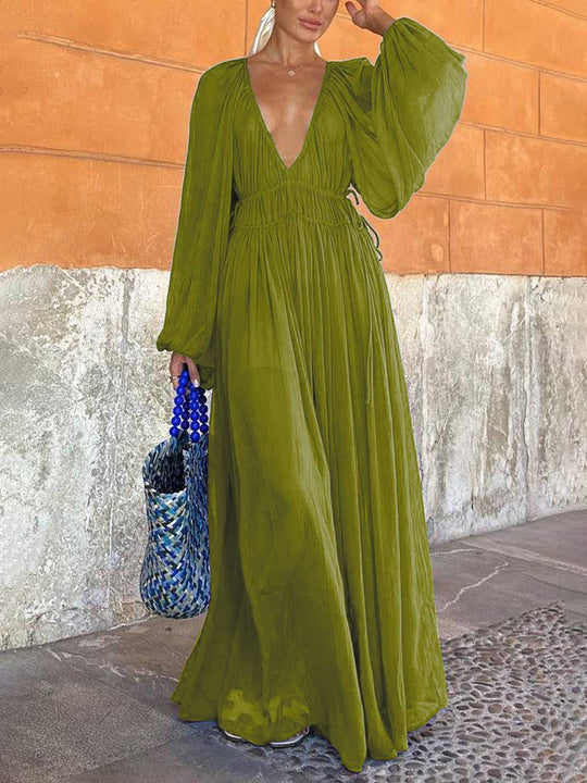 Heidi-Mode | Lange Chiffonkleid mit Tiefem Ausschnitt Langärmelig für Frauen Lässig Weit Strand