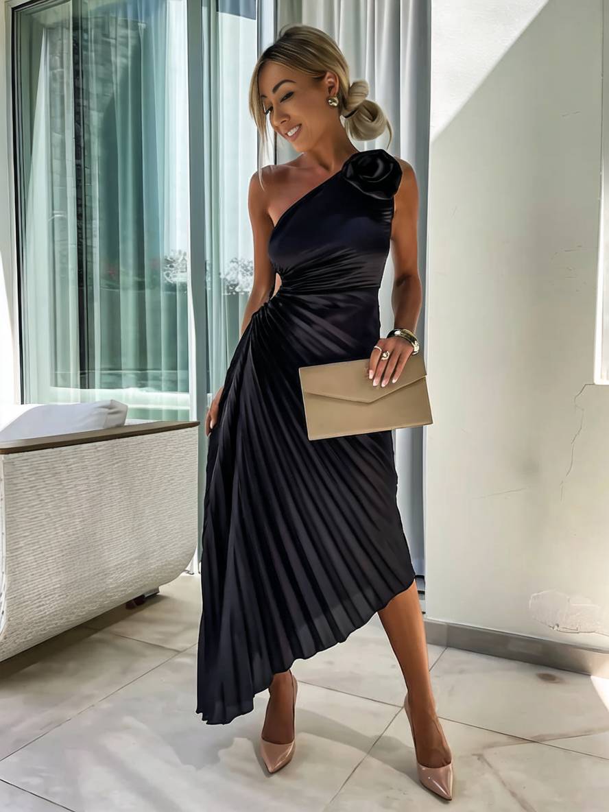 Heidi-Mode | Langes Ein-Schulter Plisseekleid Ärmellos Weiblich Elegant Casual Prom Strand