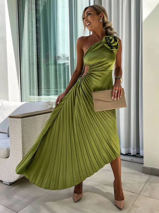 Heidi-Mode | Langes Ein-Schulter Plisseekleid Ärmellos Weiblich Elegant Casual Prom Strand