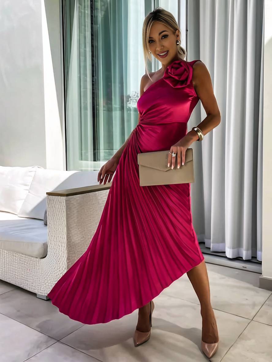 Heidi-Mode | Langes Ein-Schulter Plisseekleid Ärmellos Weiblich Elegant Casual Prom Strand