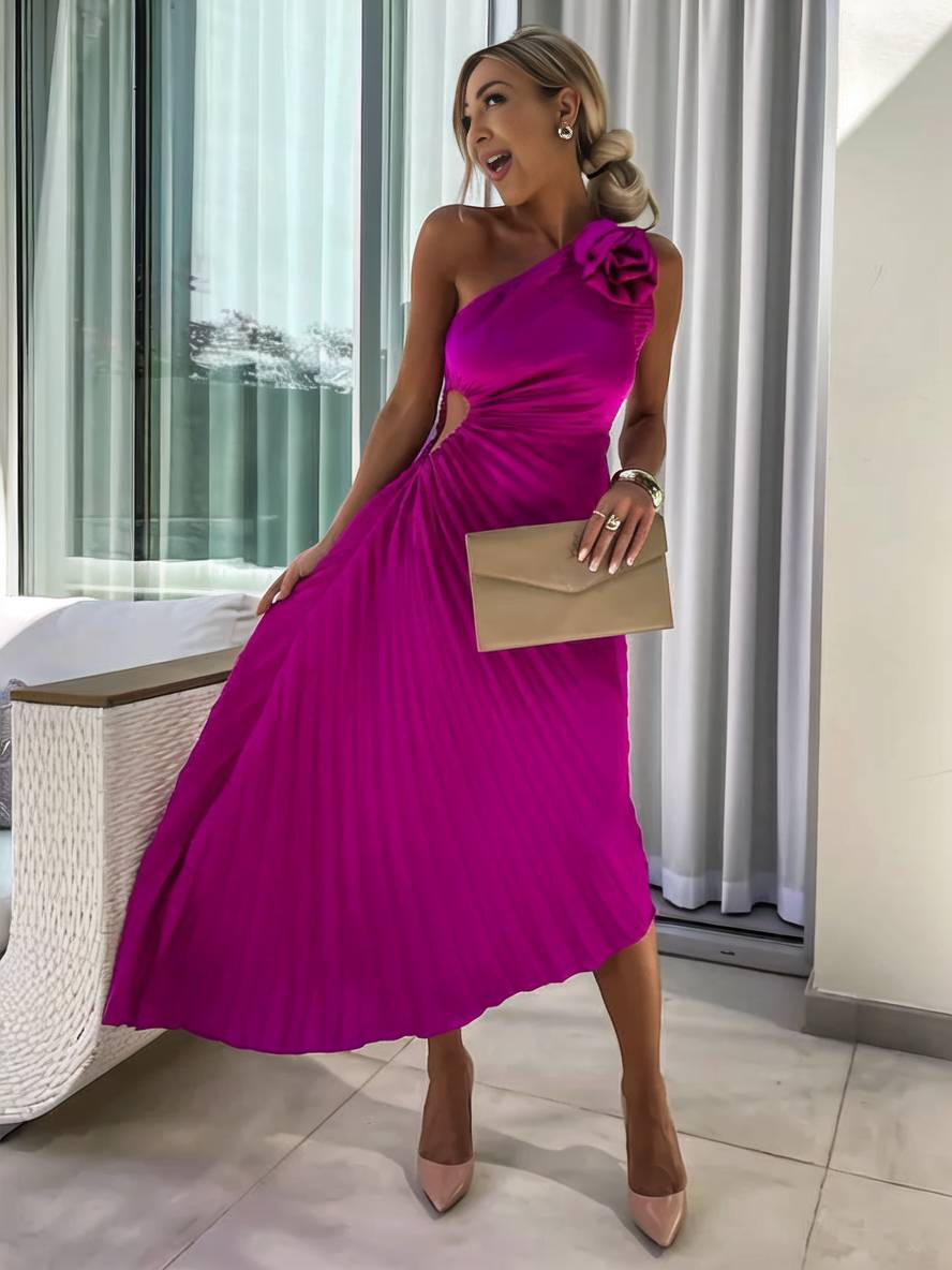 Heidi-Mode | Langes Ein-Schulter Plisseekleid Ärmellos Weiblich Elegant Casual Prom Strand